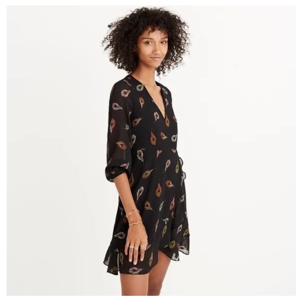 Madewell Long-Sleeve Poppy Wrap Dress in Peacock Feathers Size 4 - Picture 3 of 8